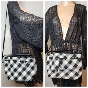 Talbots Crossbody Bucket bag leather wool-blend black white checkered‎